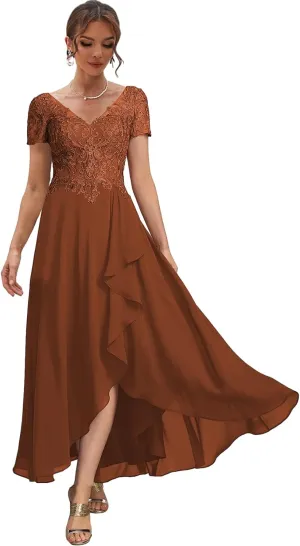 High Low Mother of The Bride Dresses with Sleeves Lace Formal Party Dress V Neck Evening Gowns for Women