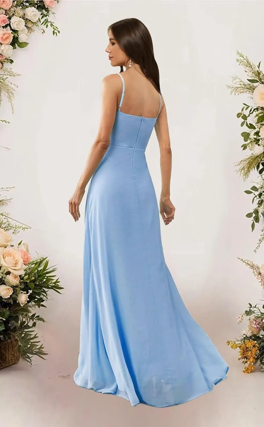 homdor Chiffon Bridesmaid Dresses Spaghetti Straps V Neck Ruffle Evening Formal Gown