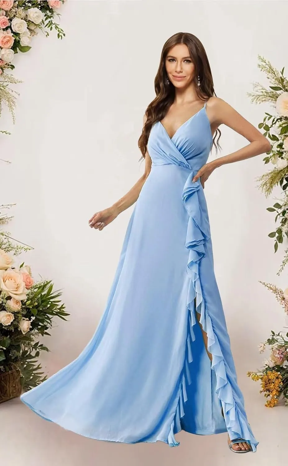 homdor Chiffon Bridesmaid Dresses Spaghetti Straps V Neck Ruffle Evening Formal Gown