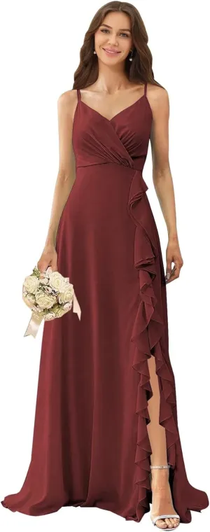 homdor Chiffon Bridesmaid Dresses Spaghetti Straps V Neck Ruffle Evening Formal Gown
