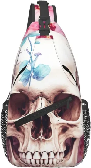 Human Skull Pink Flowers Cross Chest Bag Diagonally Sling Backpack Outdoor Travel Cycling Bag for Men Women