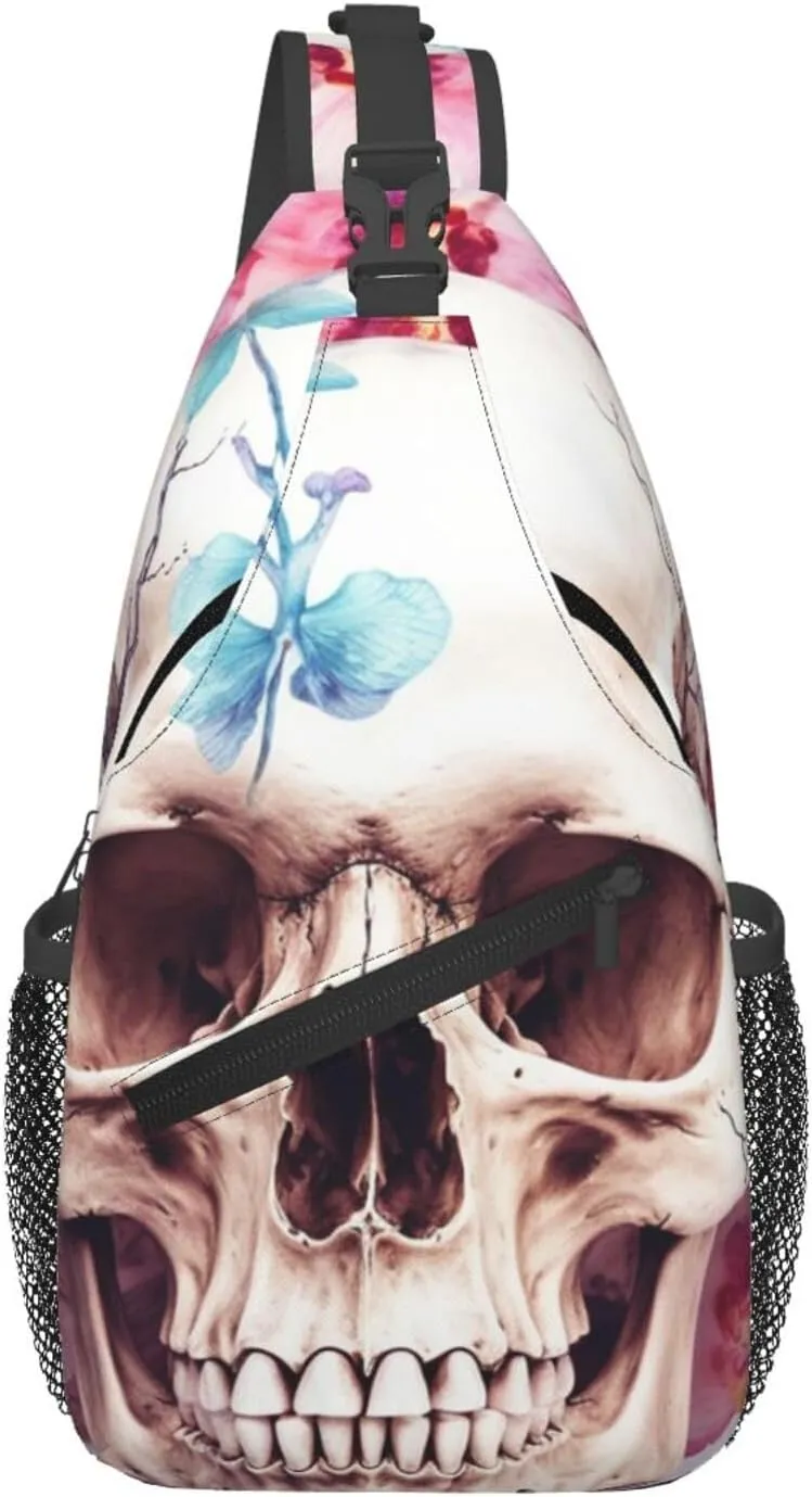 Human Skull Pink Flowers Cross Chest Bag Diagonally Sling Backpack Outdoor Travel Cycling Bag for Men Women