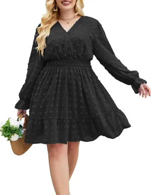 IN'VOLAND Women's Plus Size Swiss Dot Dress Long Sleeve V Neck Chiffon Smocked Short Dress Flowy Ruffle Babydoll Midi Dresses