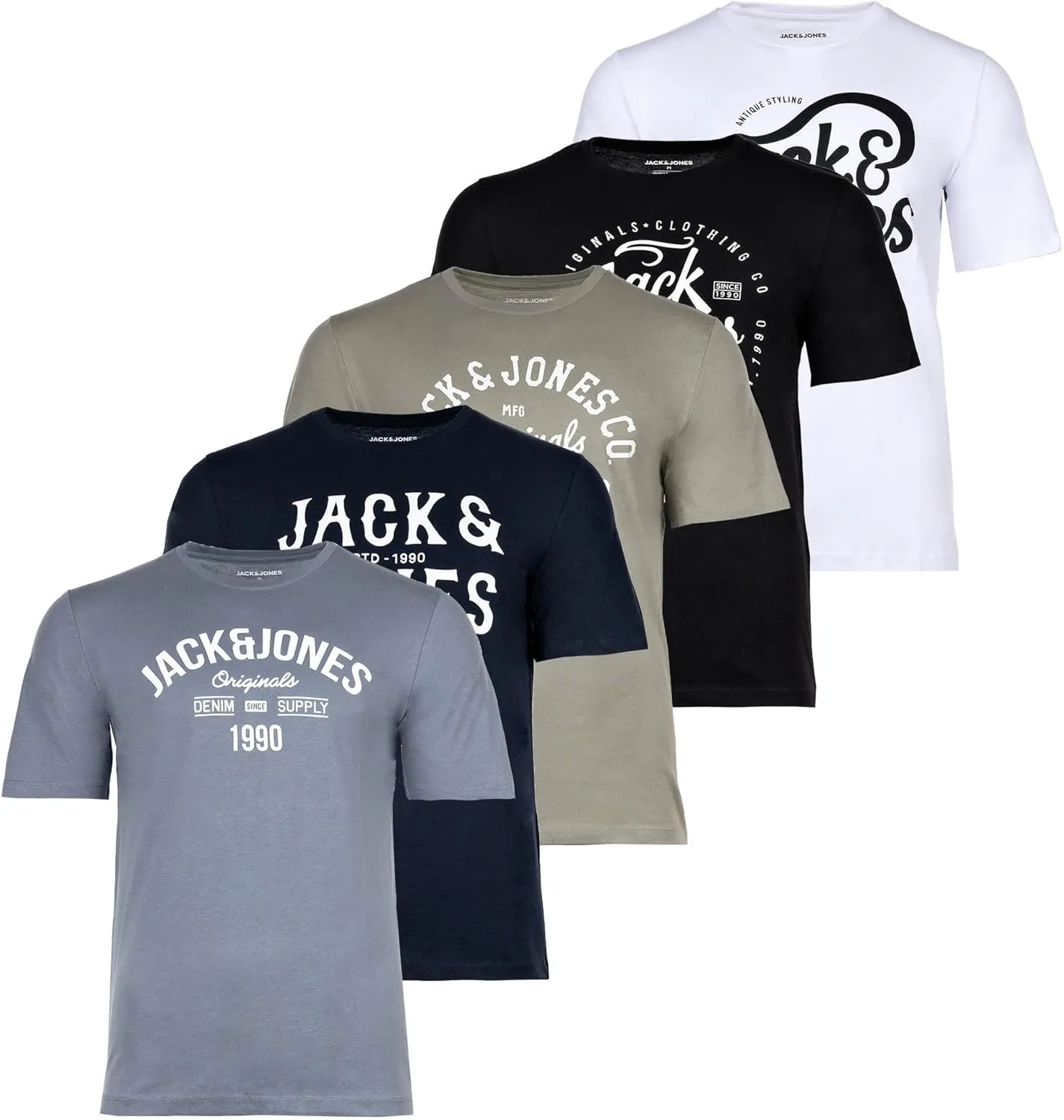 JACK & JONES Set of 5 Men's Cotton T-Shirts in Various Styles, Prints and Colours