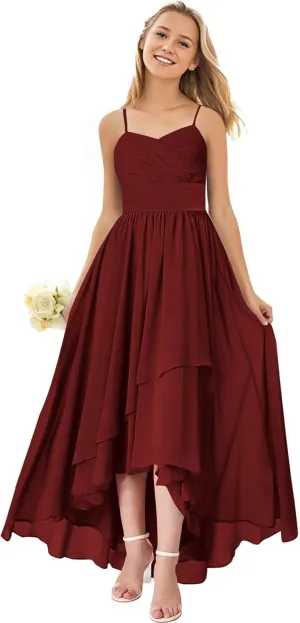 Junior Bridesmaid Dresses for Wedding High Low Chiffon Pleated Spaghetti Straps Formal Party Gown