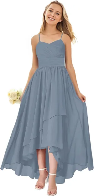Junior Bridesmaid Dresses for Wedding High Low Chiffon Pleated Spaghetti Straps Formal Party Gown