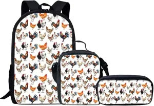 KEIAHUAN Chicken Pattern School Backpack for Kids with Lunch Box and Pencil Case Knapsacks Shoulder Backpack Primary School Bag 3 Pieces