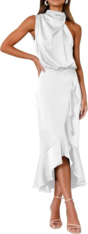 KIRUNDO Womens 2025 Summer Satin Mock Neck Wedding Guest Party Cocktail Midi Dress Sleeveless Wrap Ruffle Formal Dresses