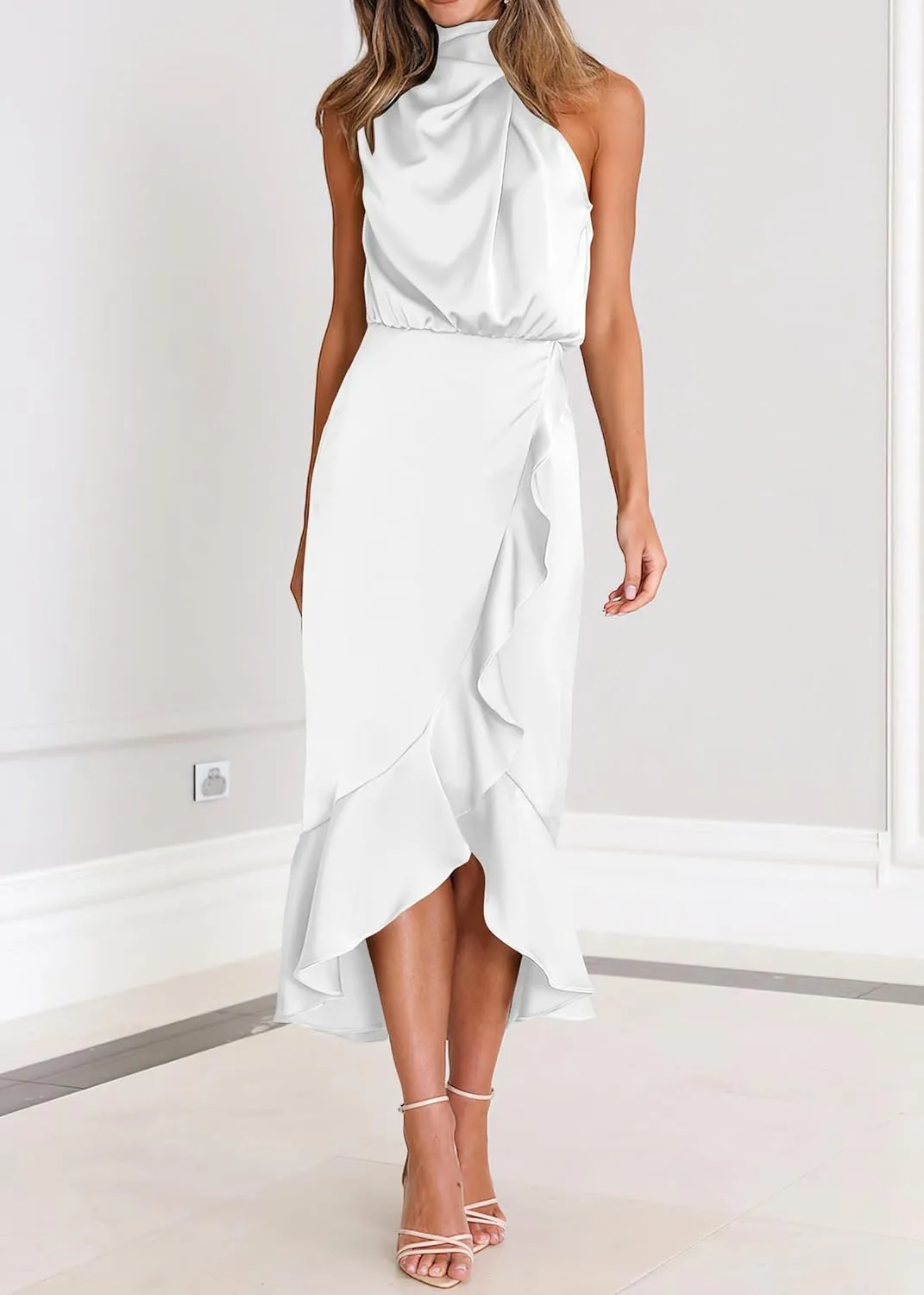 KIRUNDO Womens 2025 Summer Satin Mock Neck Wedding Guest Party Cocktail Midi Dress Sleeveless Wrap Ruffle Formal Dresses