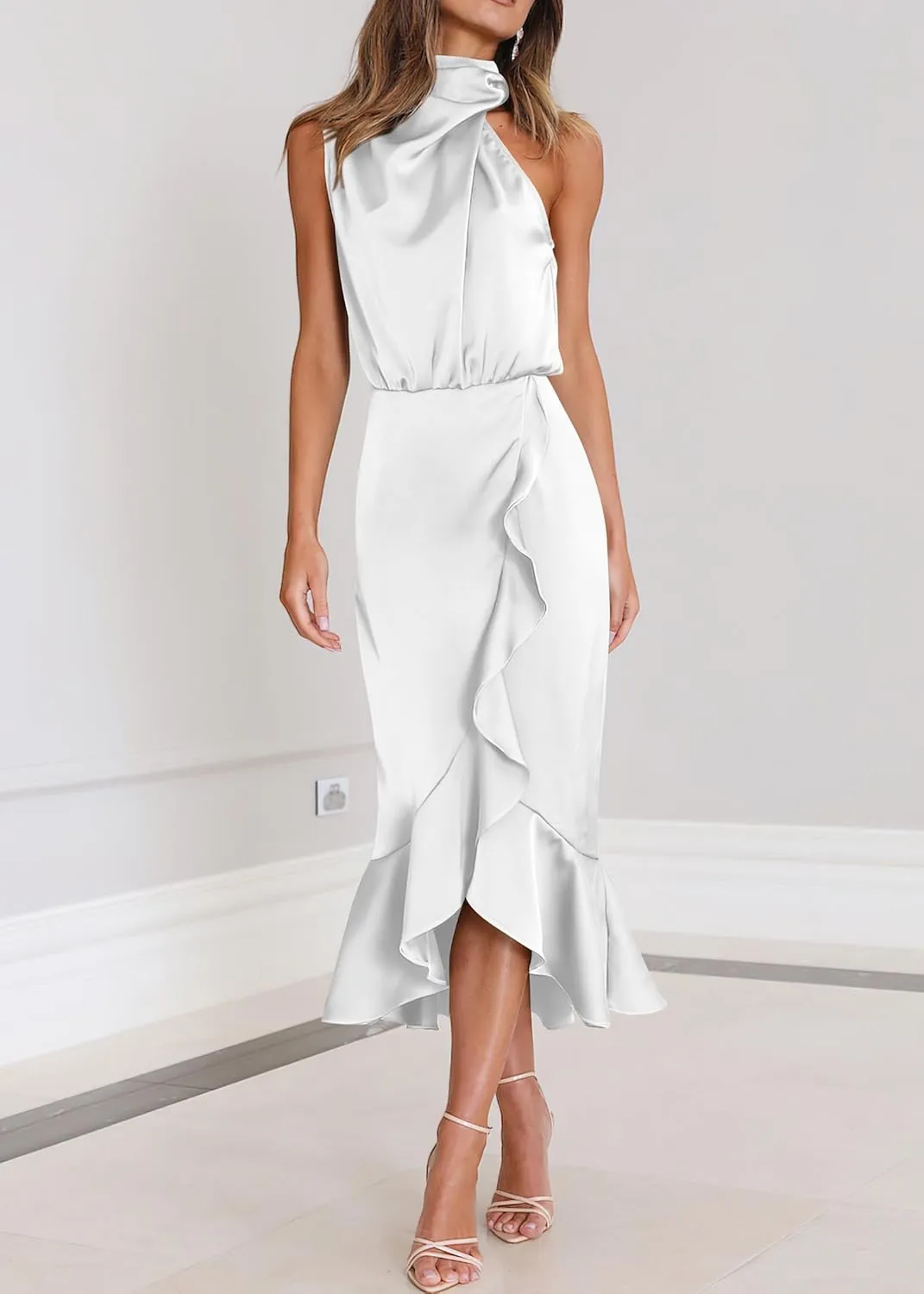 KIRUNDO Womens 2025 Summer Satin Mock Neck Wedding Guest Party Cocktail Midi Dress Sleeveless Wrap Ruffle Formal Dresses