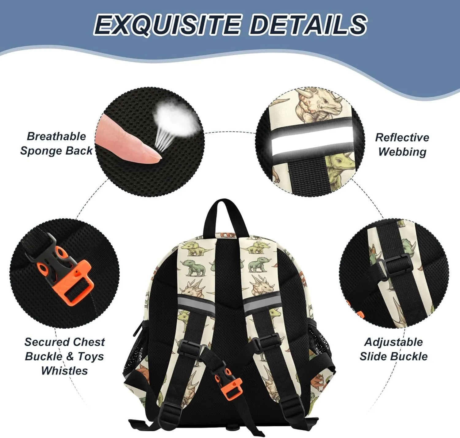 KLL Cute Ears Backpacks For School Leash Boy's Girl's Anti-Lost Personalized Daycare Diaper Bag with Reflective Strip S Cartoon Dinosaur Triceratops