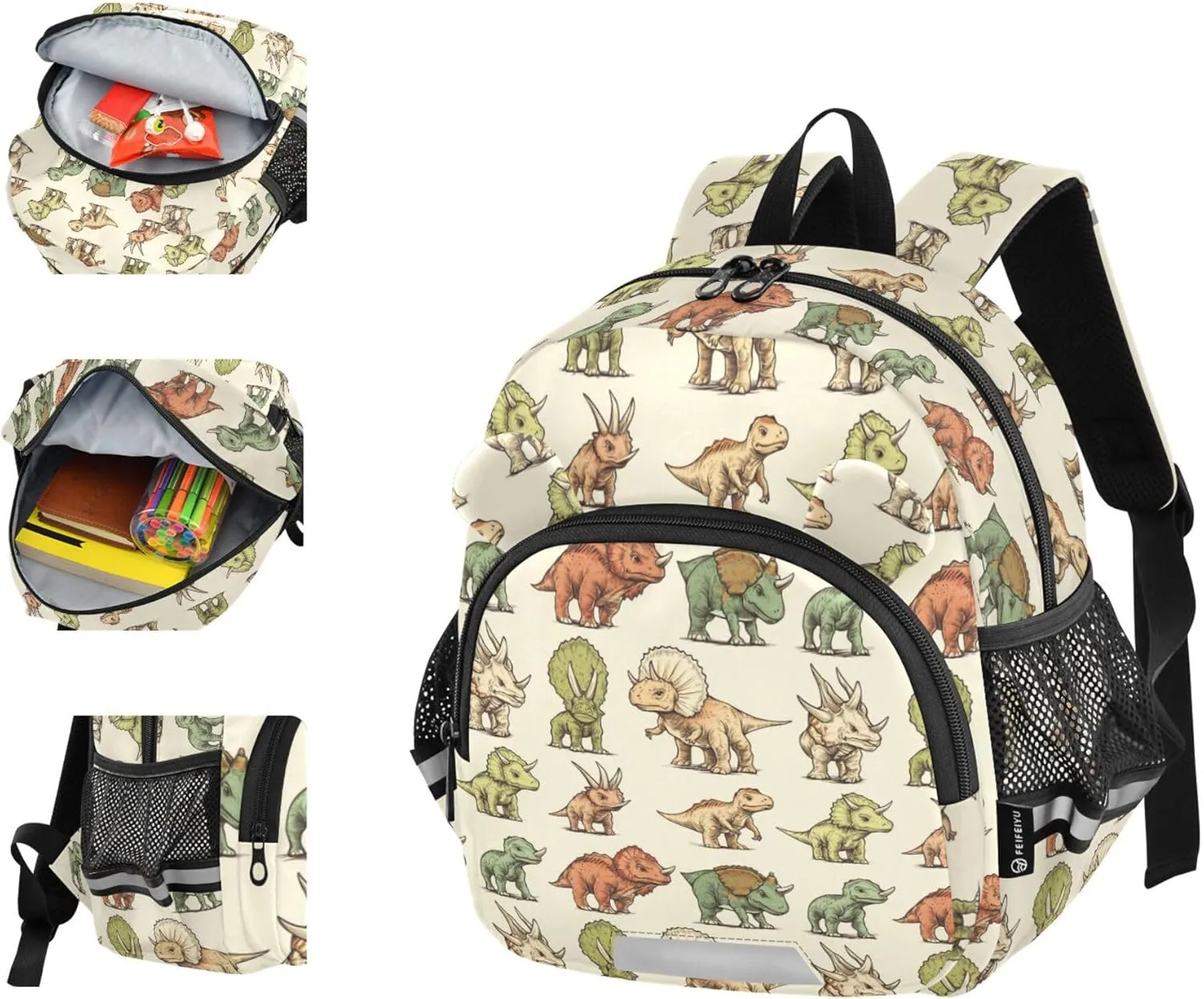 KLL Cute Ears Backpacks For School Leash Boy's Girl's Anti-Lost Personalized Daycare Diaper Bag with Reflective Strip S Cartoon Dinosaur Triceratops