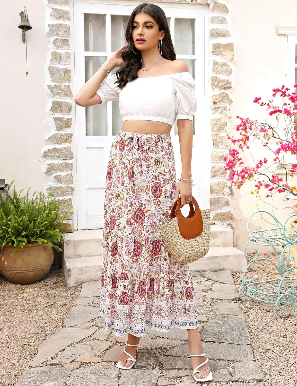 KOJOOIN Women's 2023 Summer Elastic High Waist Boho Maxi Skirt Casual Ruffle A Line Long Skirt Flowy Midi Skirt