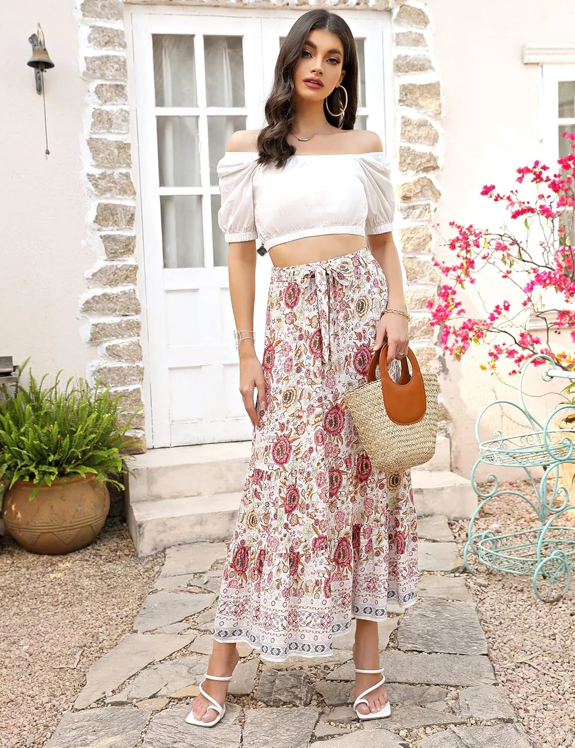 KOJOOIN Women's 2023 Summer Elastic High Waist Boho Maxi Skirt Casual Ruffle A Line Long Skirt Flowy Midi Skirt