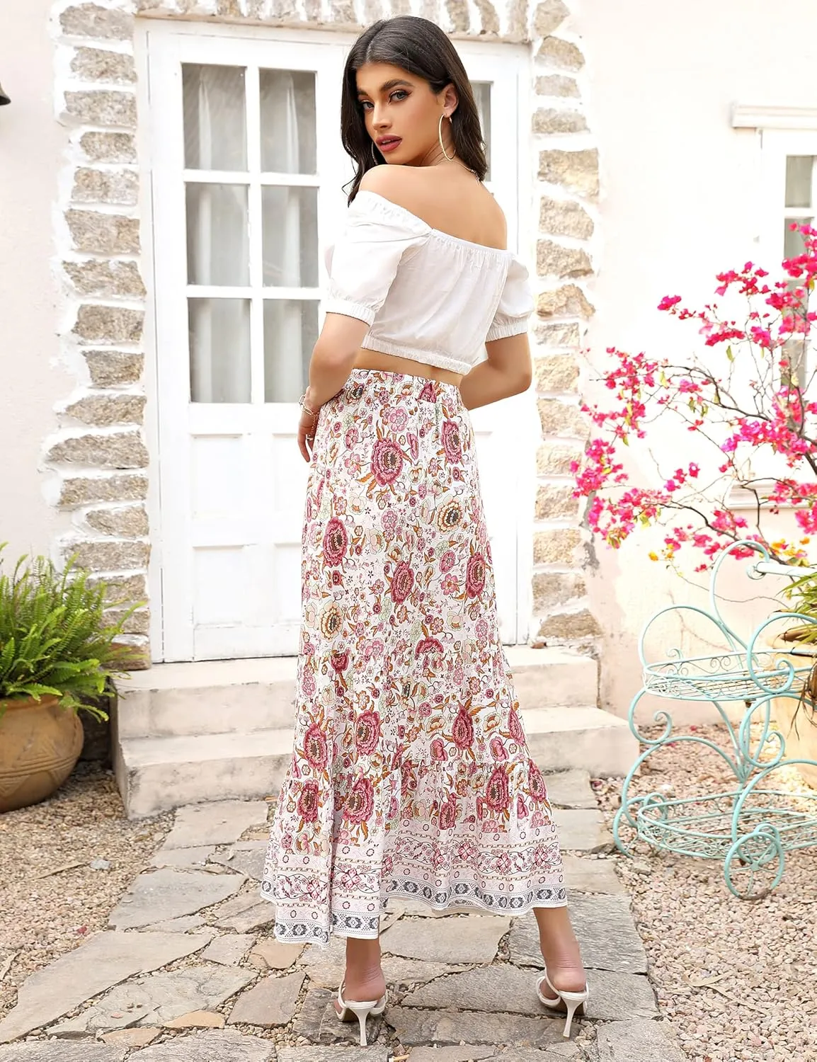 KOJOOIN Women's 2023 Summer Elastic High Waist Boho Maxi Skirt Casual Ruffle A Line Long Skirt Flowy Midi Skirt