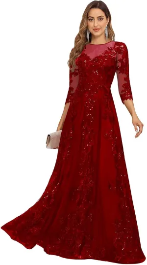 Lace Appliques Long Mother of The Bride Dresses with 3/4 Sleeve Tulle Beaded Scoop Neck Formal Gowns