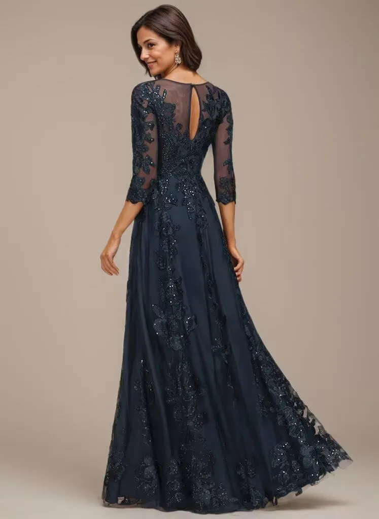 Lace Appliques Long Mother of The Bride Dresses with 3/4 Sleeve Tulle Beaded Scoop Neck Formal Gowns