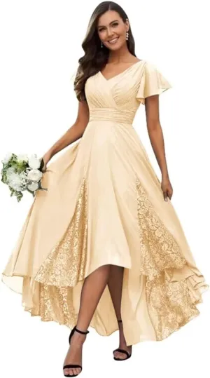 Lace Appliques Mother of The Bride Dresses for Wedding Tea Length High Low Bridesmaid Dresses with Sleeves