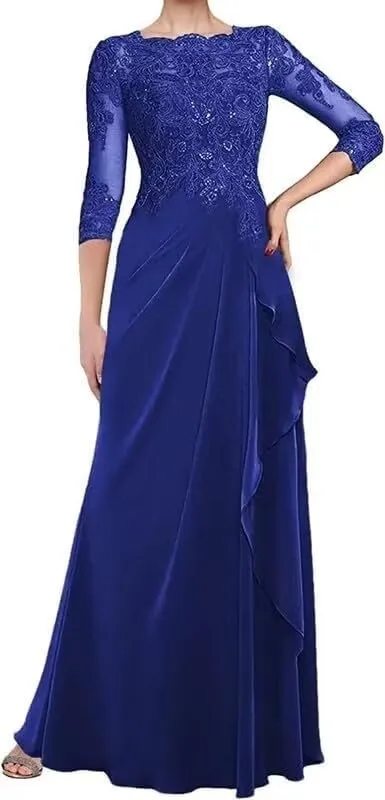 Lace Mother of The Bride Dresses for Wedding Ruched Chiffon Formal Dress with Sleeve
