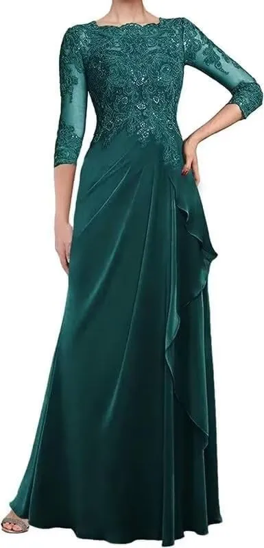 Lace Mother of The Bride Dresses for Wedding Ruched Chiffon Formal Dress with Sleeve