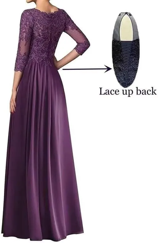 Lace Mother of The Bride Dresses for Wedding Ruched Chiffon Formal Dress with Sleeve