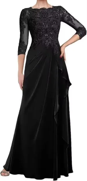 Lace Mother of The Bride Dresses for Wedding Ruched Chiffon Formal Dress with Sleeve