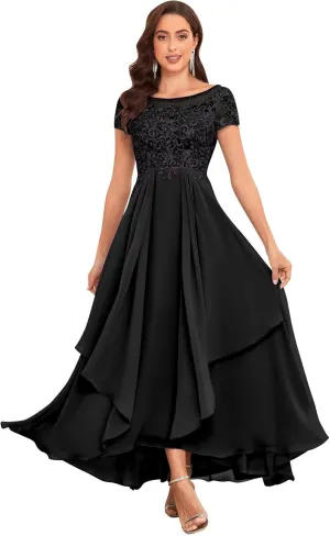 Lace Mother of The Bride Dresses for Wedding Short Sleeve Ruffle Chiffon Formal Evening Gown