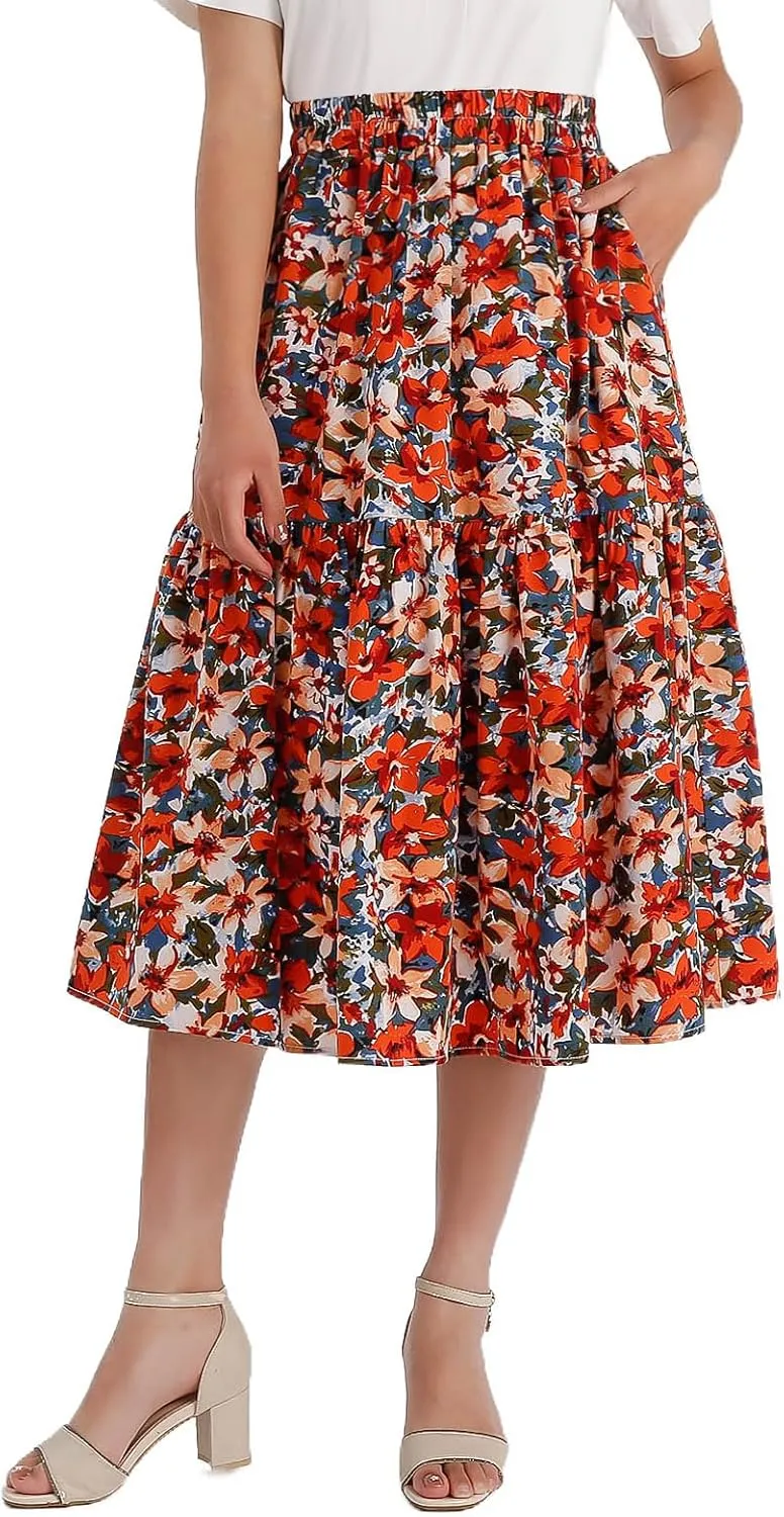 Ladies Elastic Waist High Waist Skirt Spring Summer and Autumn Pocket Casual Pleated Skirt