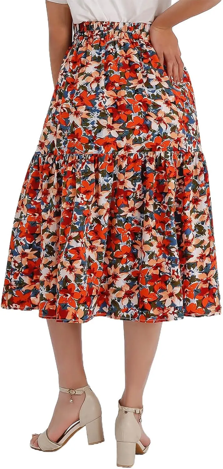 Ladies Elastic Waist High Waist Skirt Spring Summer and Autumn Pocket Casual Pleated Skirt