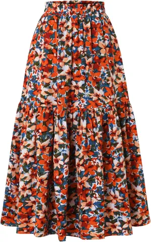 Ladies Elastic Waist High Waist Skirt Spring Summer and Autumn Pocket Casual Pleated Skirt