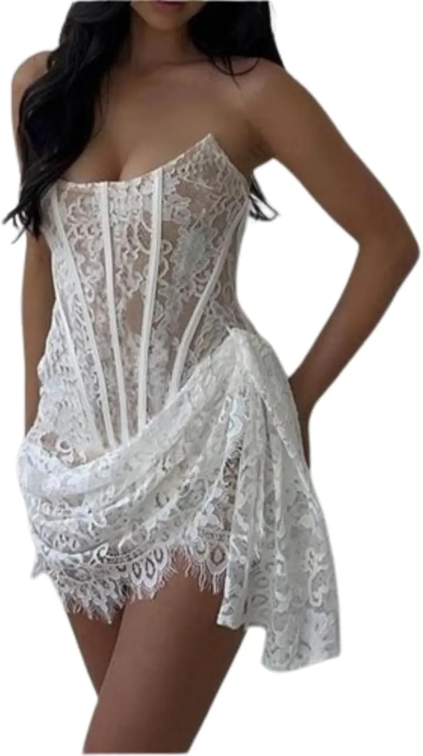 LAPRBY Womens Mini Dress Floral Corset Dress Draped Lace Tube Top Dress Cocktail Dress Sexy 2024 Summer Trendy