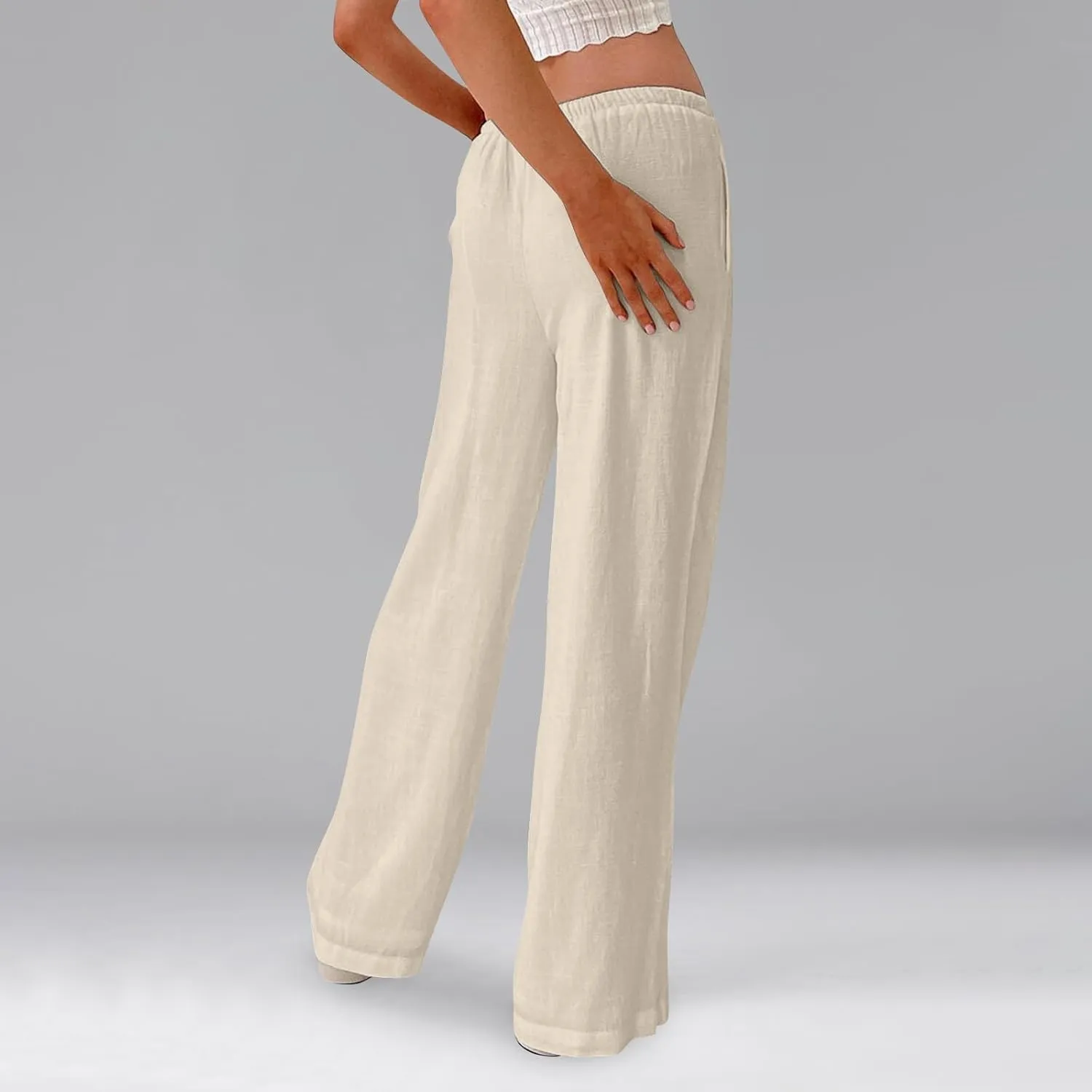Linen Pants for Women Summer High Waisted Drawstring Wide Leg Palazzo Pants Casual Boho Beach Trousers with Pockets
