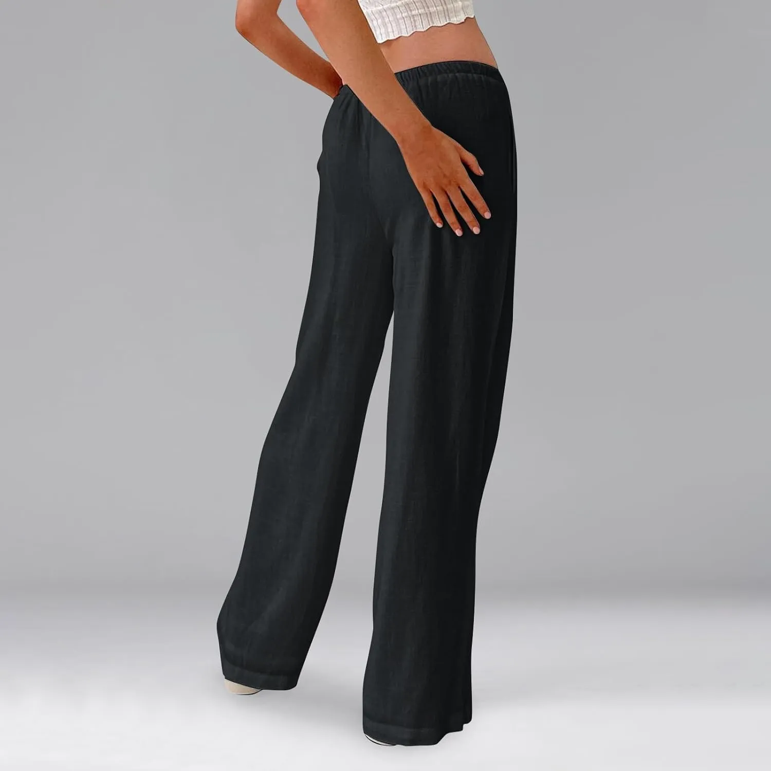 Linen Pants for Women Summer High Waisted Drawstring Wide Leg Palazzo Pants Casual Boho Beach Trousers with Pockets
