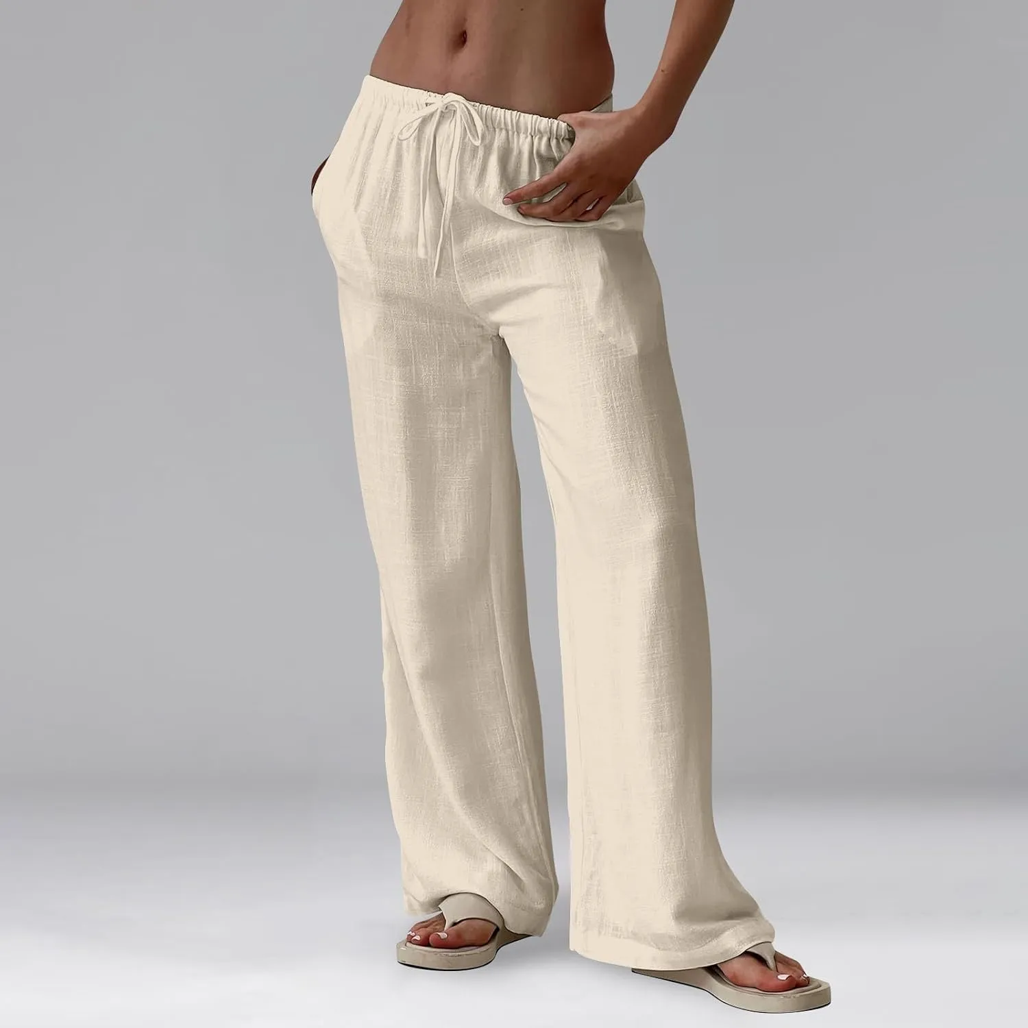 Linen Pants for Women Summer High Waisted Drawstring Wide Leg Palazzo Pants Casual Boho Beach Trousers with Pockets