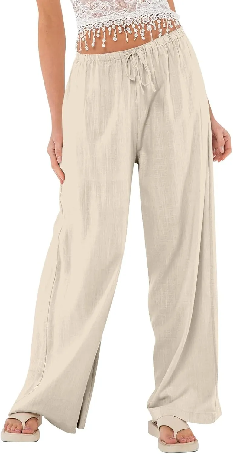 Linen Pants for Women Summer High Waisted Drawstring Wide Leg Palazzo Pants Casual Boho Beach Trousers with Pockets