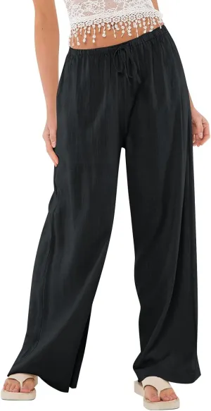 Linen Pants for Women Summer High Waisted Drawstring Wide Leg Palazzo Pants Casual Boho Beach Trousers with Pockets