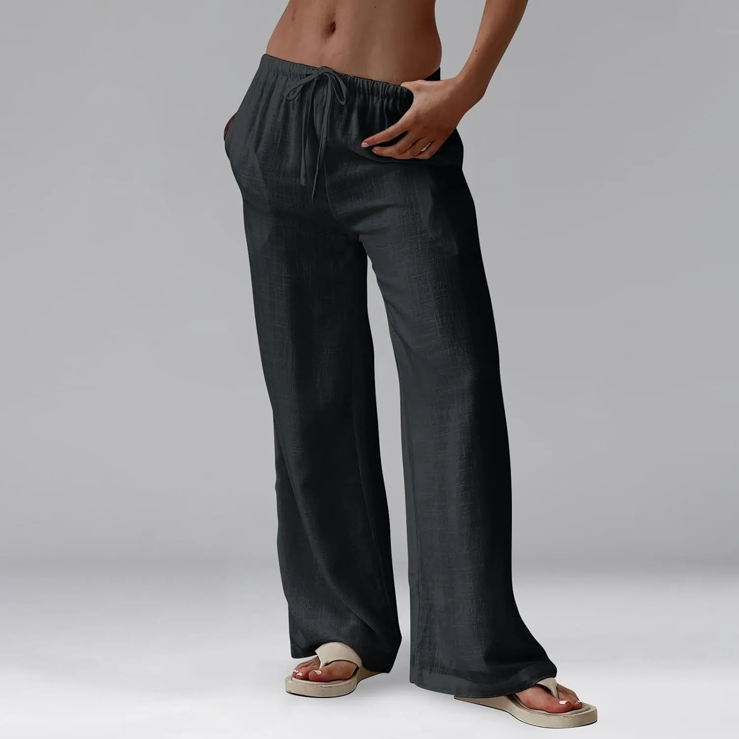 Linen Pants for Women Summer High Waisted Drawstring Wide Leg Palazzo Pants Casual Boho Beach Trousers with Pockets