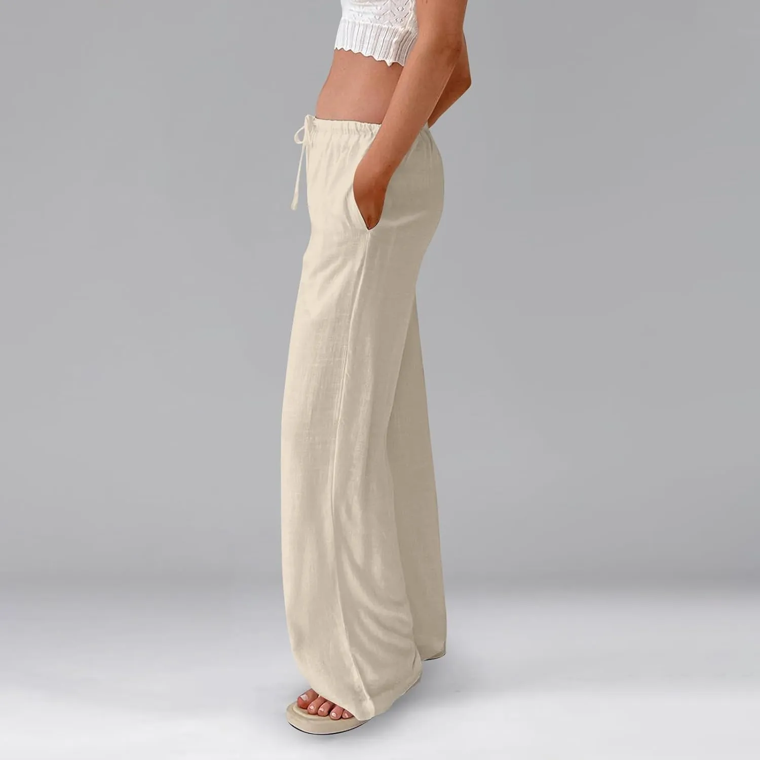 Linen Pants for Women Summer High Waisted Drawstring Wide Leg Palazzo Pants Casual Boho Beach Trousers with Pockets