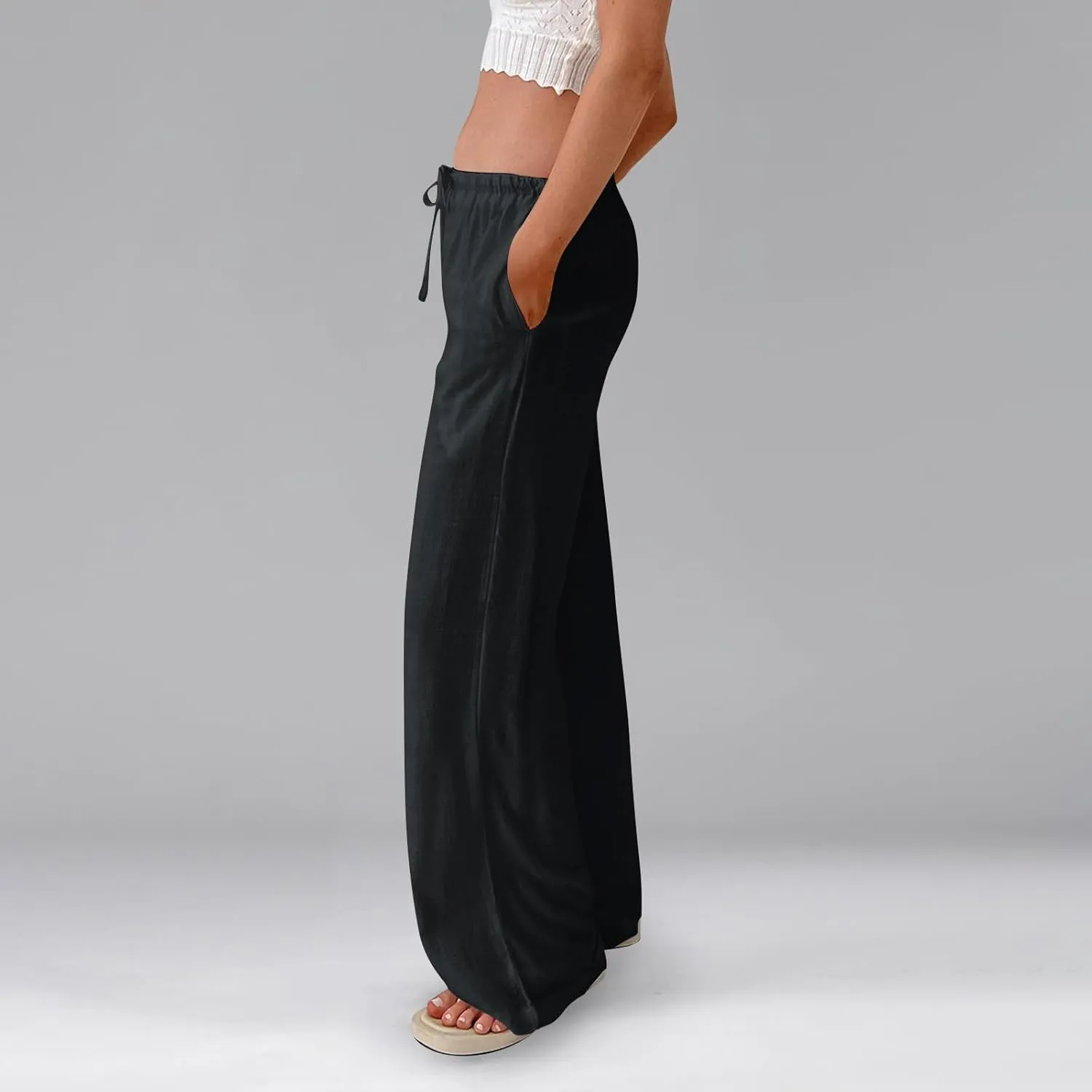 Linen Pants for Women Summer High Waisted Drawstring Wide Leg Palazzo Pants Casual Boho Beach Trousers with Pockets