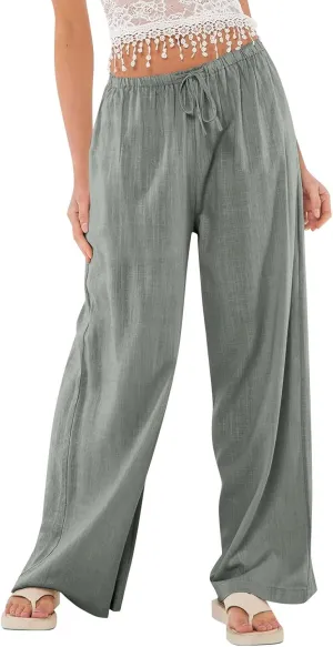 Linen Pants for Women Summer High Waisted Drawstring Wide Leg Palazzo Pants Casual Boho Beach Trousers with Pockets