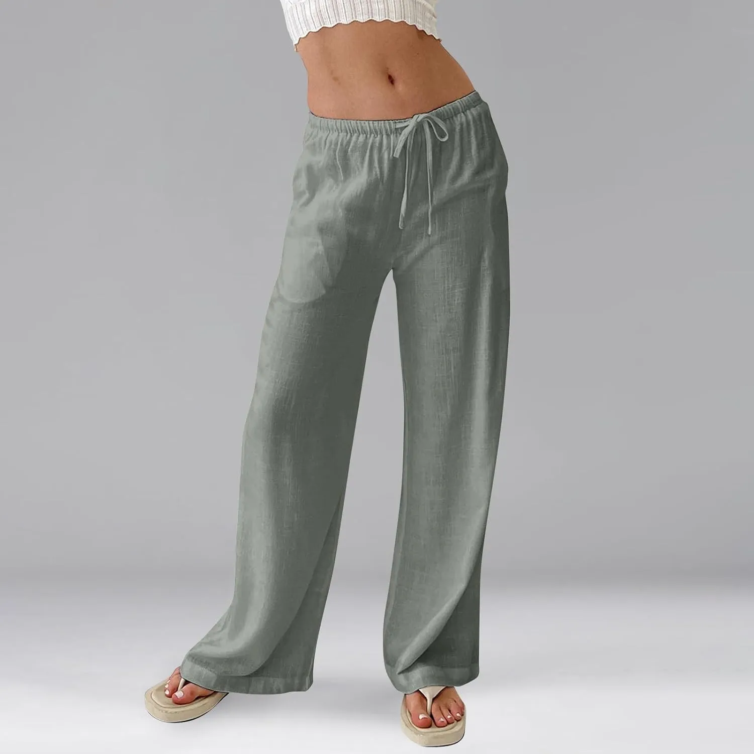 Linen Pants for Women Summer High Waisted Drawstring Wide Leg Palazzo Pants Casual Boho Beach Trousers with Pockets