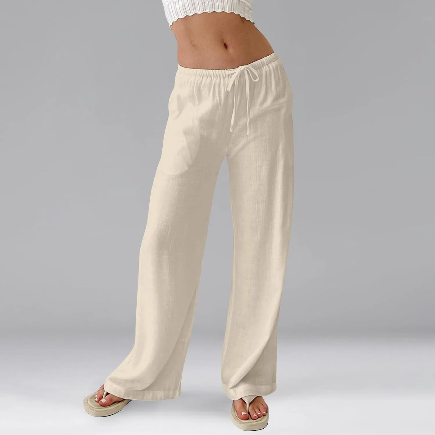 Linen Pants for Women Summer High Waisted Drawstring Wide Leg Palazzo Pants Casual Boho Beach Trousers with Pockets