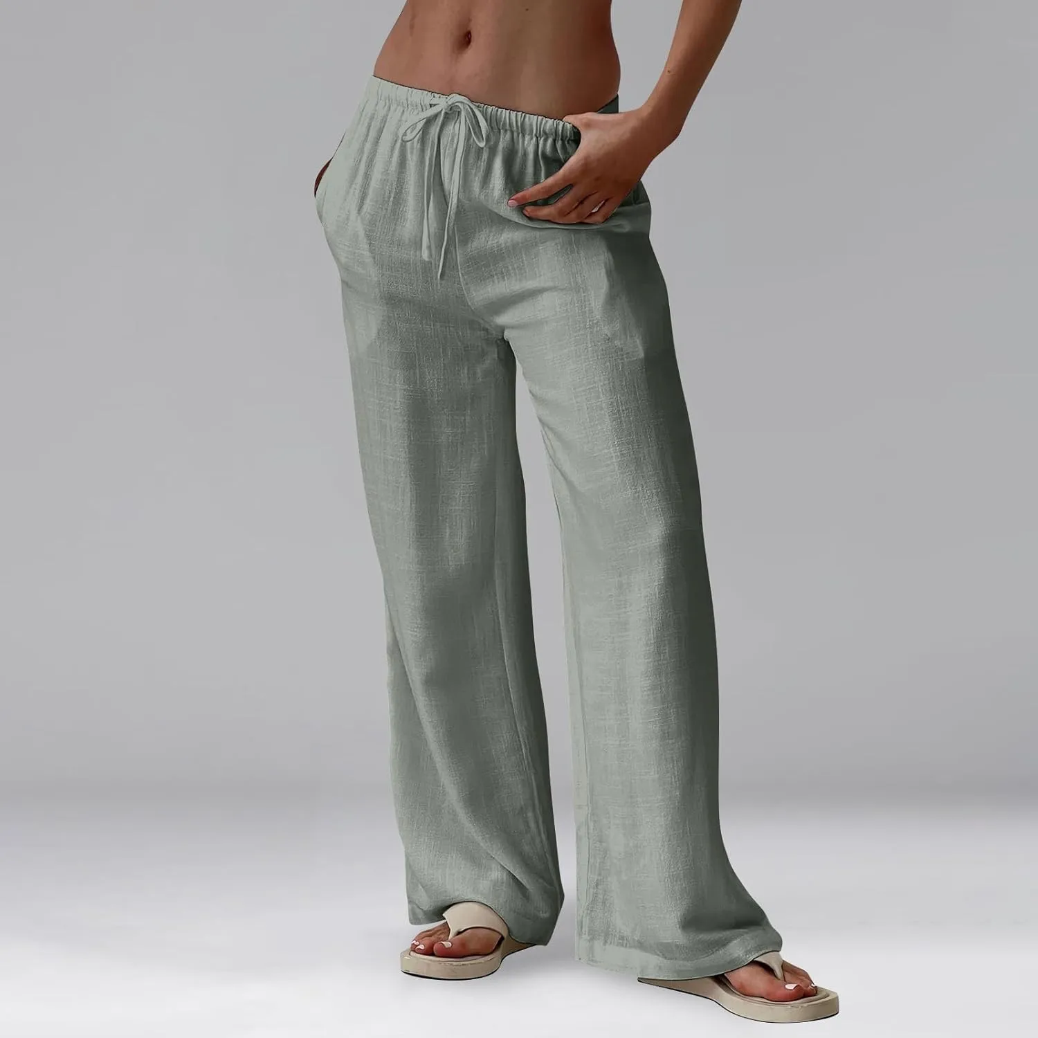 Linen Pants for Women Summer High Waisted Drawstring Wide Leg Palazzo Pants Casual Boho Beach Trousers with Pockets
