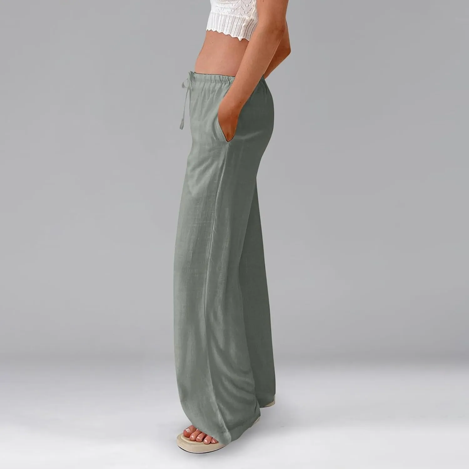 Linen Pants for Women Summer High Waisted Drawstring Wide Leg Palazzo Pants Casual Boho Beach Trousers with Pockets