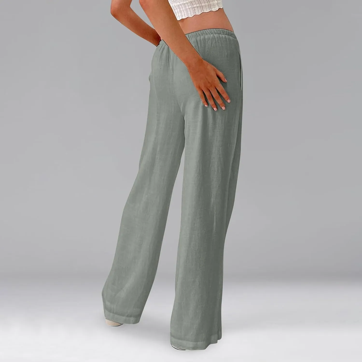 Linen Pants for Women Summer High Waisted Drawstring Wide Leg Palazzo Pants Casual Boho Beach Trousers with Pockets