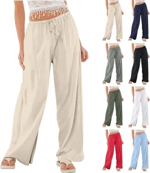 Linen Pants for Women Summer High Waisted Drawstring Wide Leg Palazzo Pants Casual Boho Beach Trousers with Pockets