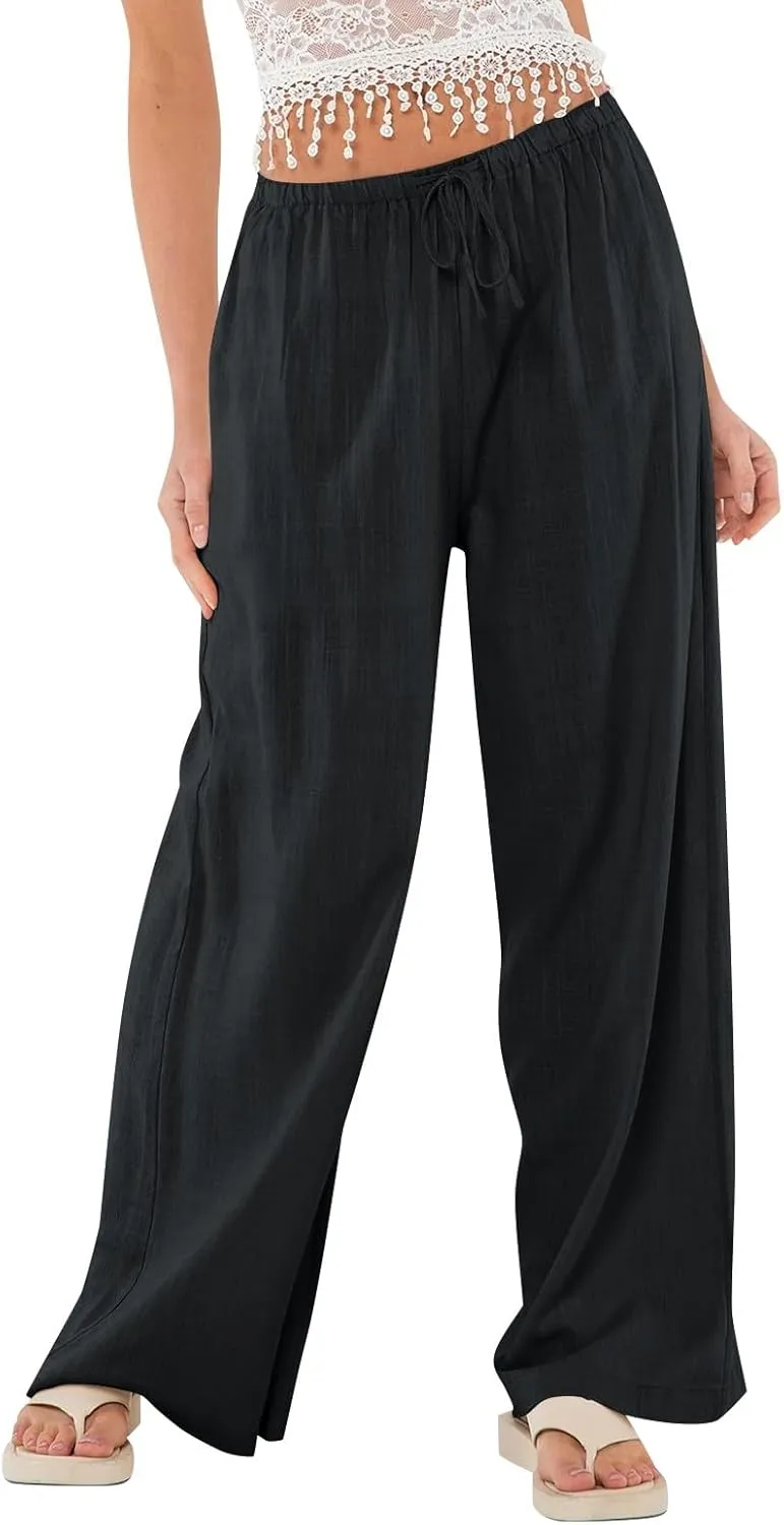 Linen Pants for Women Summer High Waisted Drawstring Wide Leg Palazzo Pants Casual Boho Beach Trousers with Pockets