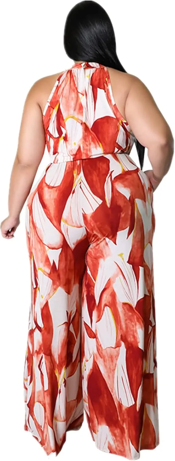 Lisa Colly Women's Plus Size Summer Halter Neck Floral Print Sleeveless Wide Leg Jumpsuits Cocktail Rompers with Belt