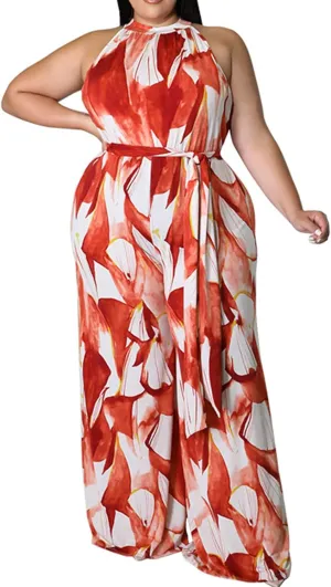 Lisa Colly Women's Plus Size Summer Halter Neck Floral Print Sleeveless Wide Leg Jumpsuits Cocktail Rompers with Belt