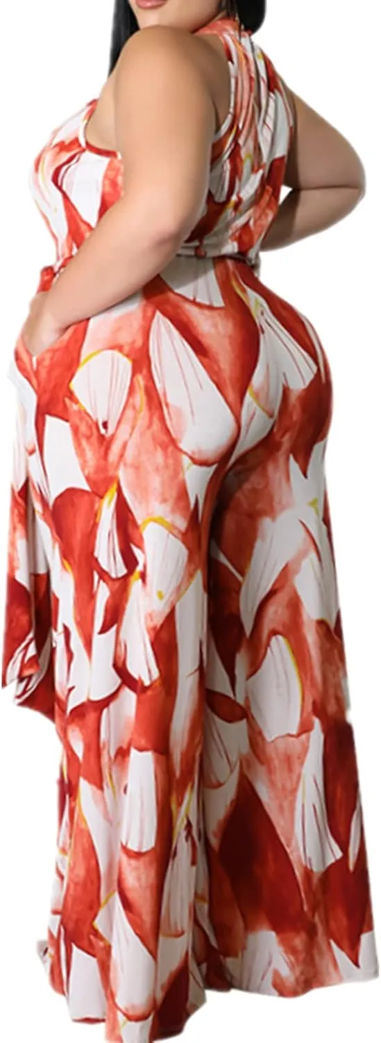 Lisa Colly Women's Plus Size Summer Halter Neck Floral Print Sleeveless Wide Leg Jumpsuits Cocktail Rompers with Belt